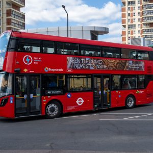 London bus featuring a St Paul's ad on the side